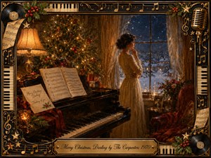 A richly textured oil painting shows a woman gazing through a snowy window beside a grand piano and glowing Christmas tree. Warm gold, red, cream, and pine green contrast with cool winter blues outside. Soft lamplight creates a nostalgic, romantic mood, while ornate musical framing, sheet music, records, and a vintage microphone complete the scene.