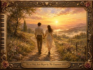 A young couple walks hand in hand along a winding country path toward a radiant golden sunrise, surrounded by wildflowers, rolling hills, misty valleys, and distant mountains. Warm amber, cream, rose, and lavender tones create a hopeful romantic mood. Rich oil-paint textures and an ornate musical frame complete the nostalgic scene.