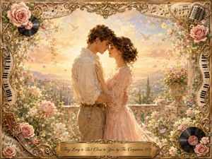 A tender couple embraces on a flower-filled terrace at golden hour, surrounded by blush roses, drifting petals, and distant white birds. Soft peach, cream, gold, and pastel blue create a dreamy romantic glow. The painterly scene is framed with ornate musical motifs, vinyl records, piano keys, sheet music, and an engraved title plate.