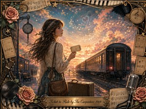 A wistful young woman stands on a glowing railway platform, holding a vintage ticket as a dark passenger train stretches toward the sunset. Warm gold, peach, rose, and dusky blue light creates a nostalgic mood. Ornate roses, records, sheet music, piano keys, stars, and a microphone form the richly detailed musical frame.