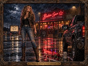 A defiant woman stands in a rain-soaked honky-tonk parking lot, framed by storm clouds, neon signs, and a battered pickup. Deep blues, fiery reds, and amber reflections heighten the tense country-noir mood. Textured oil-painting detail, wet pavement, scattered roses, weathered wood, and dramatic lighting reinforce themes of betrayal, anger, and resolve.