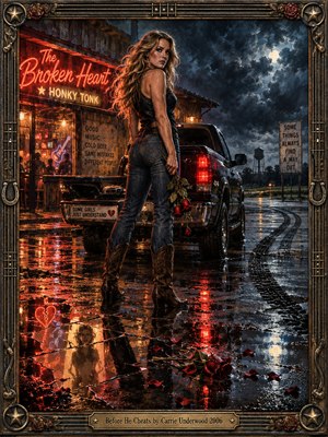 A defiant blonde woman stands beside a dark pickup outside a neon-lit honky-tonk after rain. Crimson reflections, scattered roses, and curling tire tracks cross glossy pavement beneath a stormy moonlit sky. Richly textured oil painting, dramatic blue and amber lighting, and an ornate Western metal frame evoke betrayal and revenge.