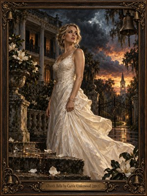 A poised blonde woman in a flowing ivory gown stands before a grand Southern mansion beneath stormy skies and fiery sunset light. Magnolia blossoms, scattered petals, and an overturned champagne glass suggest hidden turmoil. A distant church steeple glows beyond wrought iron gates, surrounded by an ornate bronze frame in dramatic oil painting style.