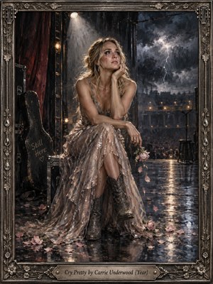 A tearful blonde singer sits alone backstage in a shimmering champagne gown and worn boots, clutching a fading rose. A spotlight illuminates her face as lightning splits the stormy theater backdrop. Scattered petals and wet reflections deepen the melancholy. Rich oil brushstrokes, charcoal blues, and an ornate silver frame convey fragile resilience.