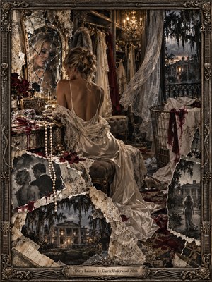 An elegant woman sits before a shattered mirror in a shadowy Southern dressing room, surrounded by spilled wine, scattered pearls, torn photographs, and stained linens. Warm chandelier light illuminates ivory satin against smoky shadows and crimson accents. An ornate metallic frame encloses this haunting, intricately layered mixed-media portrait of betrayal.