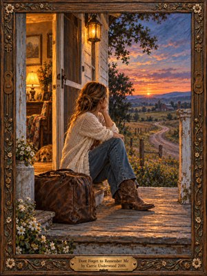 A young woman sits thoughtfully on a weathered farmhouse porch beside a leather travel bag, gazing toward a winding country road at sunset. Warm lamplight contrasts with pink and violet skies above distant hills. Flowers, a resting dog, and an ornate carved wooden frame enrich this nostalgic, detailed oil painting.