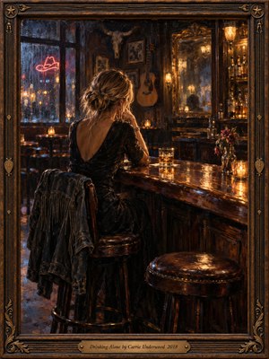 A solitary woman sits at a polished wooden bar, contemplating a whiskey glass beneath warm amber lights. Rain streaks the window beside a glowing neon cowboy hat, while empty stools and fading roses deepen the melancholy. Rich oil brushwork, midnight blues, and an ornate bronze-trimmed frame evoke quiet heartbreak.