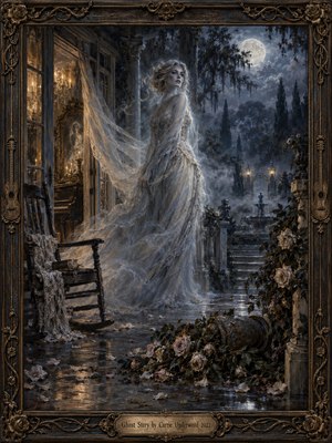 A spectral woman in a flowing ivory gown stands on a moonlit mansion veranda, surrounded by drifting mist, fallen roses, and a toppled vase. Warm golden light spills from an open doorway, contrasting with deep blue shadows and distant garden gates. Rich oil brushwork and an ornate bronze frame evoke haunting romance.