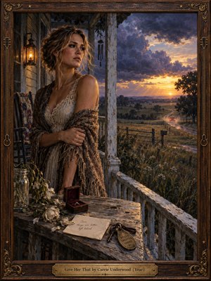 A thoughtful woman stands on a weathered farmhouse porch as a car recedes into the sunset. Wilted roses, an open ring box, and a letter evoke heartbreak and resolve. Violet storm clouds part above golden fields, while amber lamplight illuminates richly textured oil brushwork within an ornate carved wooden frame.