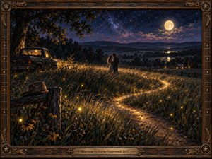 A moonlit country meadow glows with fireflies as a couple embraces beside a winding path. An old pickup rests beneath shadowed trees, while distant farmhouses sparkle beyond rolling hills. Rich indigo skies, amber highlights, and delicate oil brushwork create a tender, romantic atmosphere within an ornate carved wooden frame.