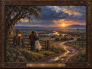 A cowboy and his companion stand together beside a weathered ranch gate, overlooking a winding road, shimmering river, and distant farmhouse. Golden sunset illuminates wildflowers beneath dramatic storm clouds. Rich oil brushwork, warm lantern light, and an ornate carved wooden frame with bronze lettering evoke timeless romance and enduring devotion.