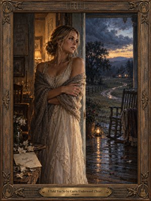 A pensive blonde woman stands in a farmhouse doorway, wrapped in a shawl as rain glistens on the porch. An empty rocking chair, winding country path, and distant lamplit home evoke longing and regret. Warm amber light meets stormy blue dusk in this richly textured oil painting, enclosed by an ornate wooden guitar-themed frame.