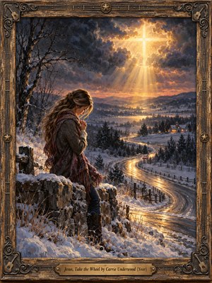A young woman bows in prayer beside a snowy road winding through a quiet winter valley. Golden light breaks through storm clouds in a radiant cross, illuminating distant homes and dark trees. Rich oil-painted textures blend icy blues with warm amber, while an ornate wooden frame surrounds the hopeful scene.