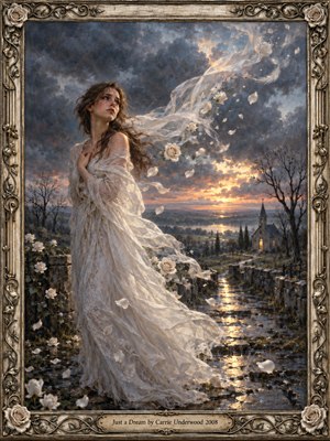 An elegant oil painting portrays a sorrowful woman in a flowing ivory gown beside a rain-soaked stone path. Wind carries her veil and white rose petals toward a stormy sky. A distant chapel glows beneath a golden sunset, while ornate floral metalwork frames the haunting, dreamlike scene.