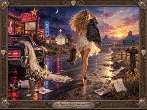 A barefoot blonde woman strides away from a neon-lit roadside bar toward a golden desert sunrise, carrying cowboy boots. A vintage car, discarded veil, roses, and scattered papers suggest a reckless night. Purple skies, shimmering pavement, and ornate western framing enrich this cinematic oil painting with freedom and uncertainty.