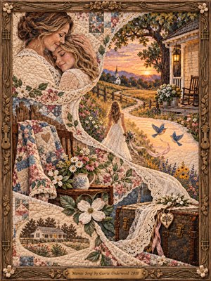 An intricate quilted tapestry shows a loving mother-daughter embrace beside a winding country path at sunset. A young woman walks toward distant hills and a white church, surrounded by embroidered flowers, lace, and bluebirds. Golden light warms rose, sage, and cream fabrics, while carved wood frames the nostalgic scene.