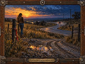 A lone woman watches a pickup disappear along a winding country road at sunset. Golden clouds burn against deep blue skies above rolling fields, while muddy tracks and reflective puddles anchor the foreground. A red scarf, heart charm, and ornate Western frame deepen this richly textured oil paintings bittersweet atmosphere.