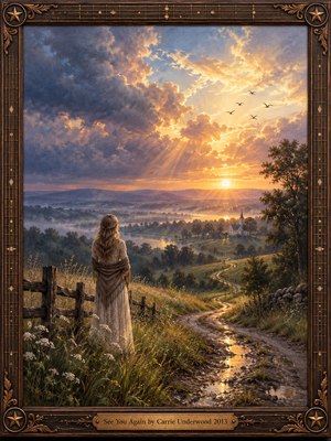 A solitary woman in a flowing cream dress overlooks a misty countryside at sunset. A winding, rain-soaked path leads toward a distant church beneath glowing gold and violet clouds. Birds soar through radiant sunbeams, evoking loss and hopeful reunion. Rich oil-painted textures fill an ornate wooden frame with bronze musical details.