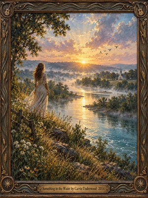 A woman in a flowing ivory dress overlooks a winding river at sunrise. Golden light spills across misty hills, wildflowers, and turquoise water, while birds soar above a distant white chapel. Rich oil brushwork evokes renewal and quiet faith. An ornate carved wooden frame with bronze accents surrounds the radiant scene.