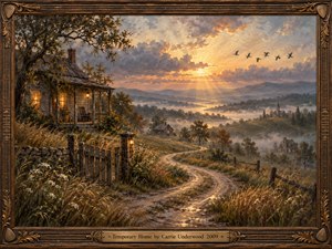 A winding country road passes a warmly lit farmhouse and disappears into misty hills beneath a radiant golden sunset. Birds cross the glowing sky above distant cottages and a church steeple. Rich oil brushstrokes, amber grasses, and cool blue shadows create a tender, hopeful atmosphere within an ornate carved frame.
