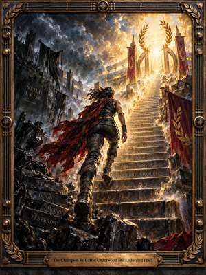 A determined figure wearing dark armor and a flowing crimson cape climbs ancient stone steps toward a radiant golden laurel. Storm clouds, broken chains, and shattered ruins contrast with brilliant sunlight and triumphant banners. Rich bronze, charcoal, and fiery gold illuminate this dramatic, textured painting, framed by ornate metalwork.