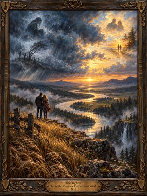 A couple embraces on a windswept ridge above a glowing, winding river and forested valley. Storm clouds and ghostly figures dissolve into golden sunset light, symbolizing hardship yielding to love and resilience. Richly textured blue and amber oil painting fills an ornate, guitar-inspired wooden frame with an engraved brass plate.