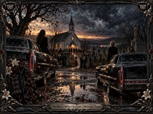 Two rain-soaked black Cadillacs frame a muddy cemetery road leading to a warmly lit country church. Two women stand apart beneath brooding storm clouds, surrounded by bare trees, gravestones, and crimson funeral flowers. Golden dusk reflects in puddles, while an ornate silver-black frame enhances the oil paintings Southern Gothic tension.
