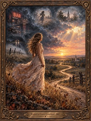A windswept woman in a flowing cream dress gazes across a winding country road at sunset. Shadowy memories of a neon bar, empty glass, and lonely headlights dissolve into storm clouds. Golden light illuminates distant fields and a church, symbolizing renewal. Rich oil textures and an ornate bronze frame complete the scene.