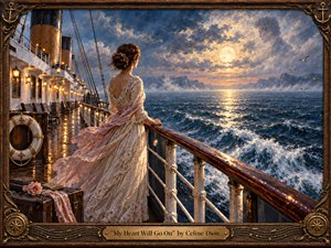A woman in an elegant ivory gown stands aboard a grand ocean liner, gazing across restless moonlit water toward distant icy mountains. Warm deck lamps contrast with deep blues and silver reflections, creating a mood of longing, devotion, and memory. Rich painterly textures, ornate framing, roses, and nautical details deepen the romantic atmosphere.