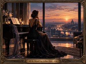 A solitary woman in a flowing black gown sits beside a grand piano in an elegant room overlooking a glowing city at sunset. Candles, lilies, sheet music, reflective floors, and warm amber light create a wistful, intimate mood. The cinematic composition is enclosed by an ornate bronze musical frame.