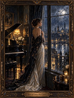 A solitary woman in an elegant ivory gown stands beside a rain-streaked window overlooking a glowing city at night. A grand piano, warm lamps, flowers, and reflective surfaces deepen the intimate melancholy. Rich navy, black, gold, and silver tones create cinematic contrast within an ornate musical frame.