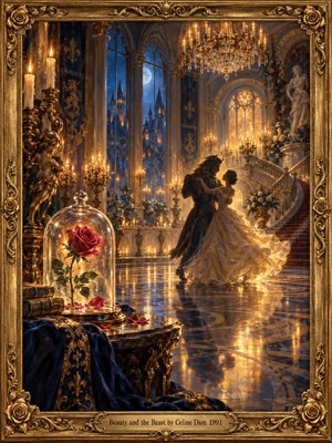 A candlelit Gothic ballroom glows with golden chandeliers as a graceful couple dances beneath towering arches and moonlit windows. Deep blues, warm amber light, polished marble, roses, and ornate details create a romantic, enchanted mood. Rich painterly textures and dramatic reflections evoke tenderness, transformation, elegance, and timeless fairy-tale wonder.