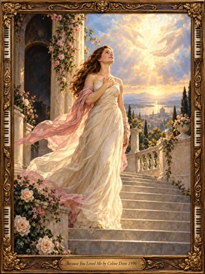 A radiant woman in a flowing ivory gown stands on marble steps above a sunlit coastal city, surrounded by roses, columns, and warm golden light. Her upward gaze and windswept pink shawl create a mood of gratitude, devotion, and hope. Ornate classical framing and luminous clouds give the scene a romantic painted grandeur.