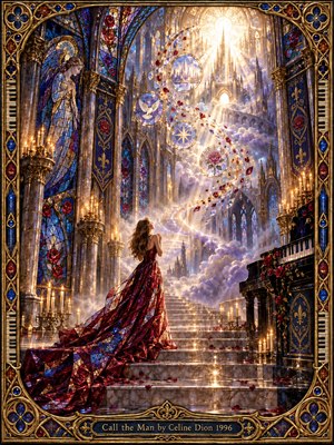 A woman in a flowing crimson gown stands within a luminous Gothic cathedral as golden light pours through stained glass. An ascending S-curve of glowing steps, jeweled fragments, roses, and celestial symbols rises toward a radiant window. Ornate blue, red, and gold glasswork creates a reverent, hopeful, dreamlike atmosphere.
