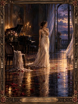 A woman in a flowing ivory gown stands beside an open balcony in a candlelit music salon, gazing toward a glowing coastal dusk. A grand piano, roses, billowing curtains, reflective floors, and scattered petals create romantic longing. Rich gold, blue, and violet tones enhance the elegant cinematic oil painting.