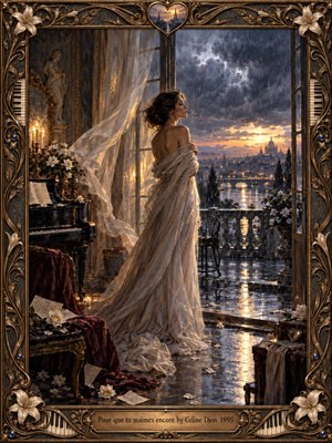 A solitary woman in a flowing ivory gown stands before open balcony doors overlooking rain-soaked Paris at sunset. Warm candlelight, piano reflections, white lilies, scattered letters, and cool storm clouds create longing and romantic tension. An ornate bronze floral frame with piano-key details enhances the richly painted, cinematic atmosphere.