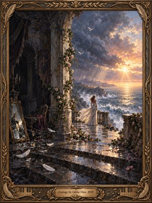 A solitary woman in a flowing white dress stands on a storm-washed seaside terrace, facing radiant sunrise beyond dark clouds and crashing waves. Ruined stone arches, roses, scattered feathers, and a shattered mirror suggest loss and renewal. Warm gold light meets deep blue-gray shadows in a richly detailed romantic oil painting.
