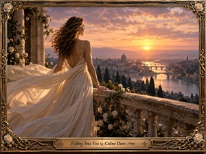 A woman in a flowing ivory gown stands on an ornate stone terrace above a glowing river city at sunset. Warm gold and rose light fills the romantic scene, while distant domes, bridges, hills, climbing roses, and a richly carved musical frame create an elegant, dreamy atmosphere of longing and surrender.