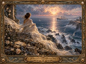 A solitary woman in flowing ivory fabric overlooks a stormy blue sea as warm rose-gold light breaks through dramatic clouds. An ocean liner glows in the distance, while roses, letters, crashing waves, and seabirds deepen the mood of longing. Rich oil-painting textures and an ornate bronze frame create timeless romantic grandeur.
