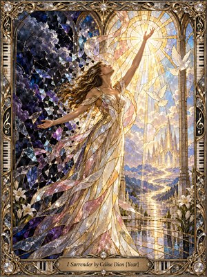 A radiant woman reaches toward golden light beneath soaring stained glass arches, her flowing gown shimmering with ivory, rose, and silver fragments. Storm-dark blues fracture behind her while luminous clouds, white doves, lilies, and a distant cathedral suggest release and transcendence. Ornate metallic framing enhances the dramatic, spiritual atmosphere.