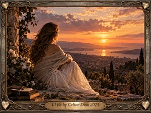 A woman in a flowing ivory gown sits on a stone terrace overlooking a glowing coastal valley at sunset. Warm gold, peach, and amber light fills the mountains, water, flowers, books, and cypress trees. The romantic cinematic composition is enclosed by an ornate bronze frame with heart motifs and a centered title plate.