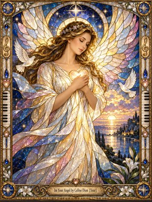 A serene angelic woman stands within a luminous stained-glass landscape, cradling a glowing heart beneath radiant wings and a starry halo. Pearl white, gold, blue, lavender, and rose glass shimmer around doves, lilies, calm water, and distant towers, creating a tender, protective, spiritual atmosphere framed with ornate musical details.