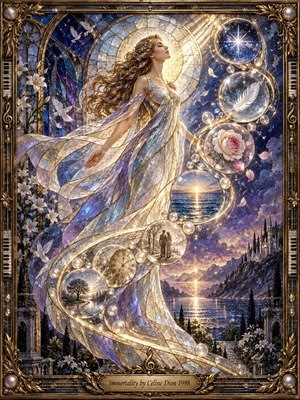 An ethereal woman rises through a luminous stained-glass dreamscape, surrounded by an elegant S-curve of glowing memory spheres, feathers, flowers, clocks, stars, and distant horizons. Sapphire, violet, ivory, and gold shimmer across the serene composition, while ornate bronze framing and radiant light create a timeless, spiritual atmosphere.