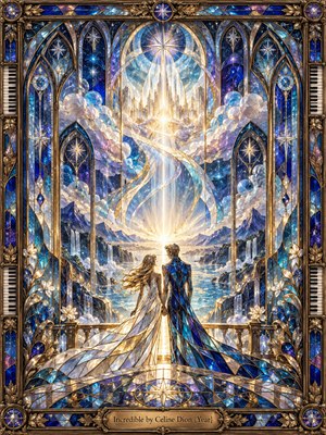 Two elegant figures stand beneath a soaring stained-glass cathedral of light, facing a radiant celestial city beyond mountains and waterfalls. Sapphire, teal, amethyst, pearl, and gold glass shimmer with luminous reflections. Ornate bronze framing, starbursts, floral motifs, piano keys, and sweeping crystalline paths create an uplifting, romantic, triumphant atmosphere.