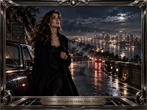 A windswept woman stands beside a rain-slicked car on a mountain road overlooking a glowing city and river. Moonlight breaks through storm clouds, reflecting across wet pavement and distant lights. The cinematic composition feels urgent, romantic, and restless, framed by metallic musical details and an engraved title plate.
