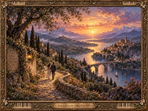 A couple walks along a flower-lined stone path above a luminous river valley at sunset, surrounded by cypress trees, distant mountains, bridges, and glowing villages. Warm gold, amber, violet, and blue create a romantic, hopeful mood. Painterly detail, soft atmospheric light, and the ornate musical frame suggest devotion, journey, and timeless companionship.