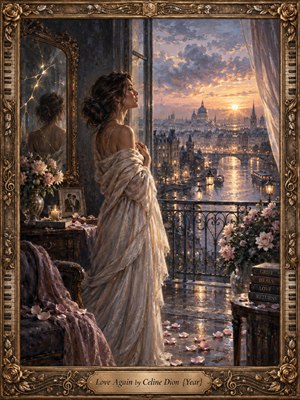 A contemplative woman stands beside an open balcony at sunrise, wrapped in pale fabric as golden light washes across a rain-bright European city. Blush roses, scattered petals, a cracked mirror, and glowing reflections suggest healing and renewal. Rich oil-paint textures, mauve shadows, blue-gray atmosphere, and an ornate musical frame create romantic elegance.