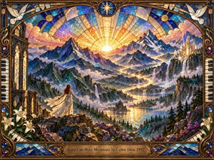 A radiant stained glass mountain landscape glows beneath a golden sunrise, with a lone woman in white standing above a winding illuminated path. Deep blues, amber, violet, and crystal highlights create an uplifting, spiritual atmosphere. Ornate bronze framing, lilies, musical details, waterfalls, and distant architecture reinforce themes of hope, strength, and transformation.