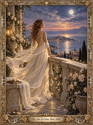 A solitary woman in a flowing ivory gown stands on a rose-covered marble terrace overlooking a moonlit coastal town. Soft gold and blue light create a tender, reflective mood, while distant mountains, shimmering water, and classical architecture deepen the romantic atmosphere. Ornate gilded framing adds timeless elegance.