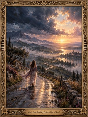 A solitary woman walks a rain-slicked winding road through a misty mountain valley toward a radiant sunset. Dramatic storm clouds part above glowing water and distant villages, creating a mood of longing, resolve, and hope. Rich blues, mauves, golds, and warm light enhance the romantic oil-painted scene and ornate gilded frame.